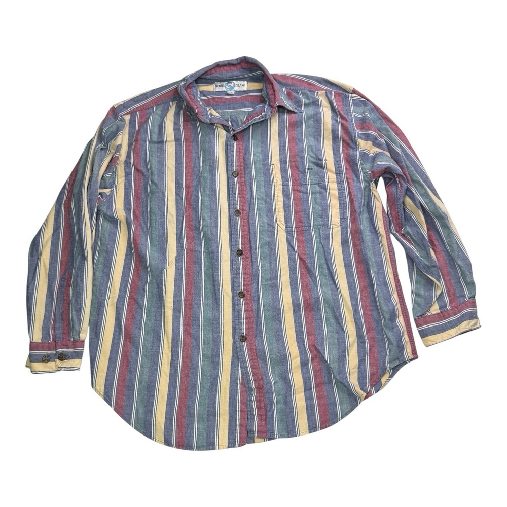 Vintage World Island Men's Large Striped Button Up Shirt 90s Long Sleeve Retro